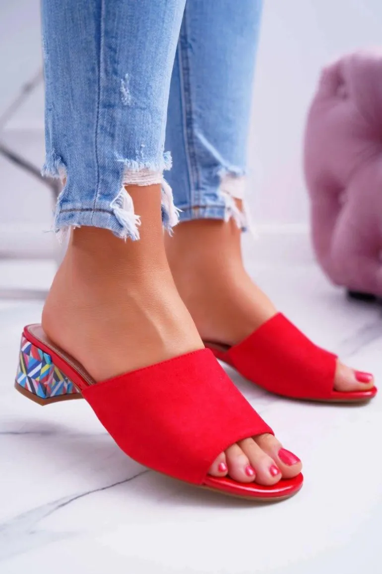 Klapki Damskie Eleganckie Na Klocku Zamszowe Czerwone Valencia