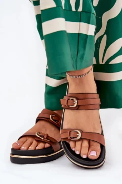 Klapki Damskie Gładkie Na Platformie Z Paskami I Klamrami Camel Ziferte