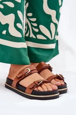 Klapki Damskie Gładkie Na Platformie Z Paskami I Klamrami Camel Ziferte