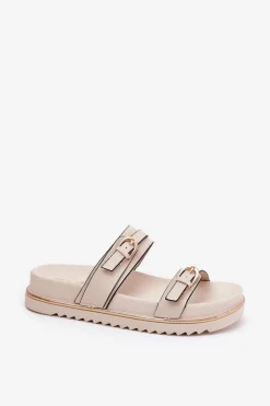 Klapki Damskie Gładkie Na Platformie Z Paskami I Klamrami Jasnobeżowe Ziferte