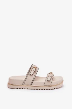 Klapki Damskie Gładkie Na Platformie Z Paskami I Klamrami Jasnobeżowe Ziferte