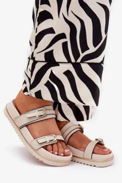 Klapki Damskie Gładkie Na Platformie Z Paskami I Klamrami Jasnobeżowe Ziferte