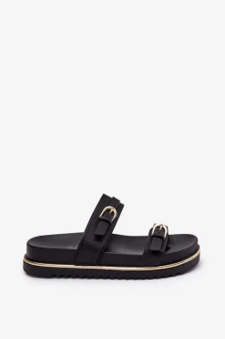 Klapki Damskie Gładkie Na Platformie Z Paskami I Klamrami Czarne Ziferte