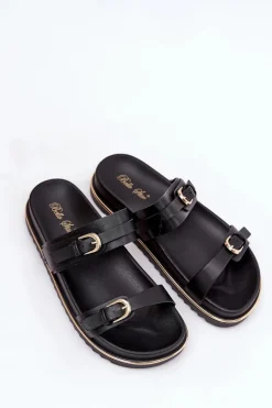 Klapki Damskie Gładkie Na Platformie Z Paskami I Klamrami Czarne Ziferte