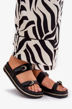 Klapki Damskie Gładkie Na Platformie Z Paskami I Klamrami Czarne Ziferte