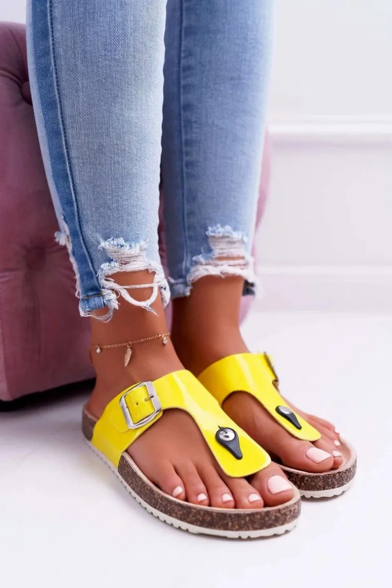 Klapki Damskie Japonki Na Korku Lakierowane Żółte Palette