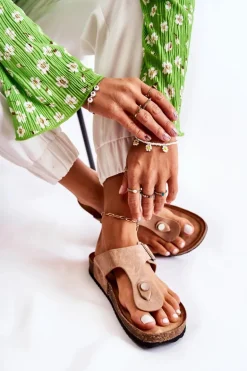 Klapki Damskie Japonki Na Korku Beżowe Elina