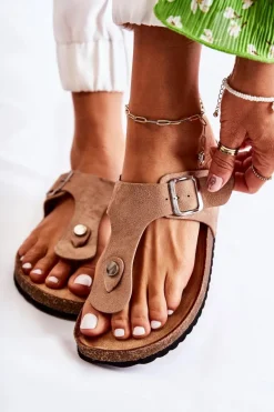 Klapki Damskie Japonki Na Korku Beżowe Elina