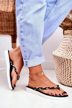 Klapki Damskie Japonki Pleciony Pasek Czarne Peggie