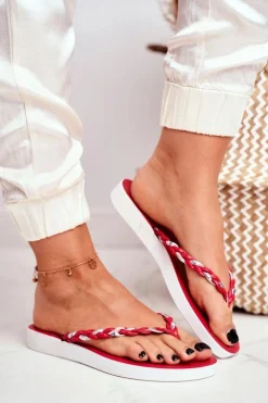 Klapki Damskie Japonki Pleciony Pasek Czerwone Peggie