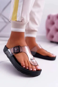 Klapki Damskie Japonki Transparentny Pasek Czarne Framona