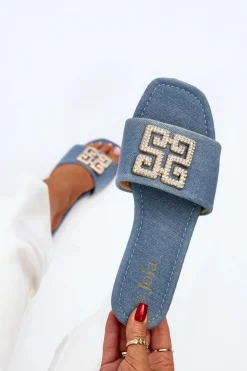 Klapki Damskie Jeansowe Na Płaskim Obcasie Z Ozdobą Niebieskie Inaile