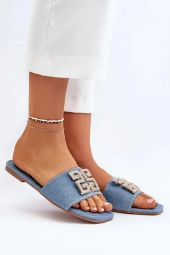 Klapki Damskie Jeansowe Na Płaskim Obcasie Z Ozdobą Niebieskie Inaile