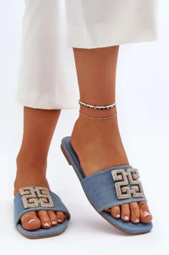 Klapki Damskie Jeansowe Na Płaskim Obcasie Z Ozdobą Niebieskie Inaile