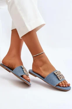 Klapki Damskie Jeansowe Na Płaskim Obcasie Z Ozdobą Niebieskie Inaile