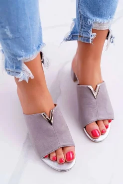 Klapki Damskie Klasyczne Eleganckie Na Klocku Szare Demea