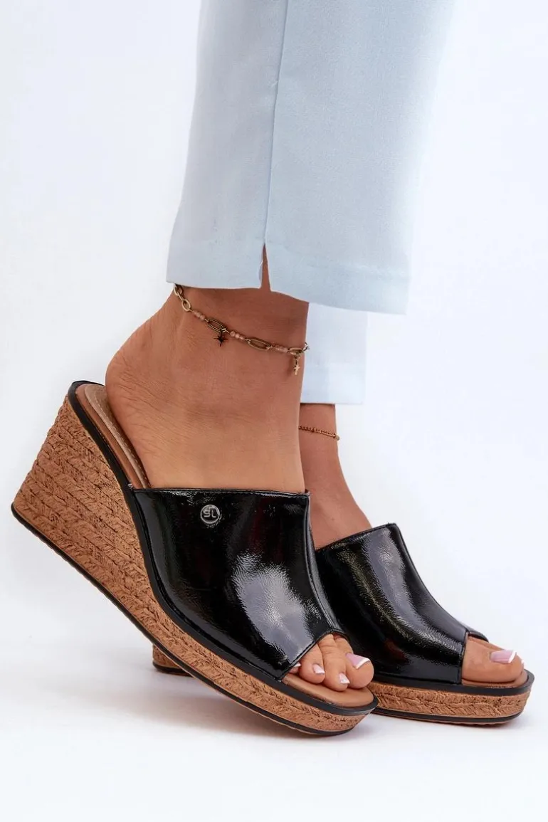 Klapki Damskie Lakierowane Na Koturnie Sergio Leone KL213 Czarne