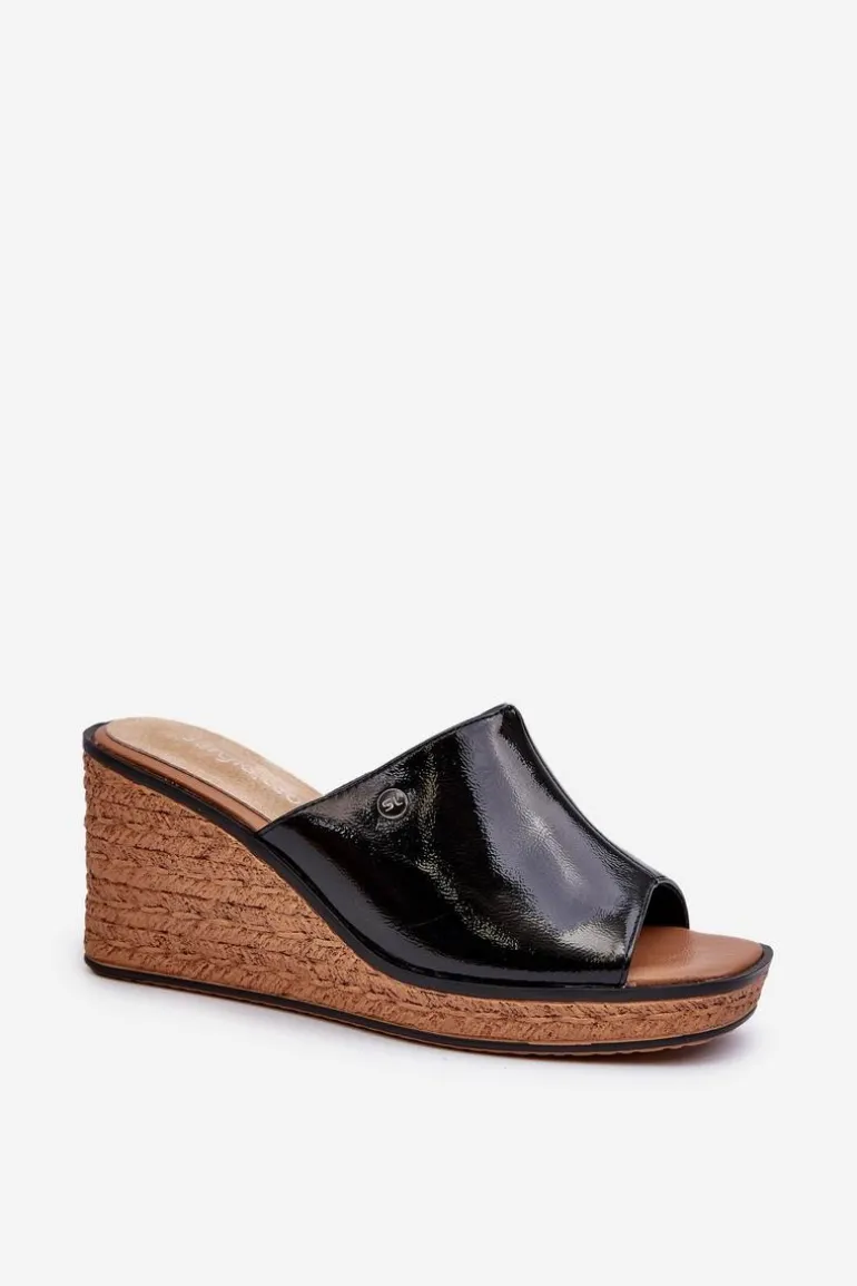 Klapki Damskie Lakierowane Na Koturnie Sergio Leone KL213 Czarne