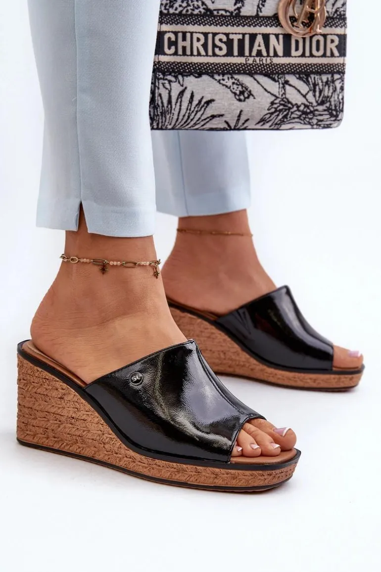 Klapki Damskie Lakierowane Na Koturnie Sergio Leone KL213 Czarne