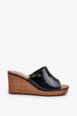 Klapki Damskie Lakierowane Na Koturnie Sergio Leone KL213 Czarne