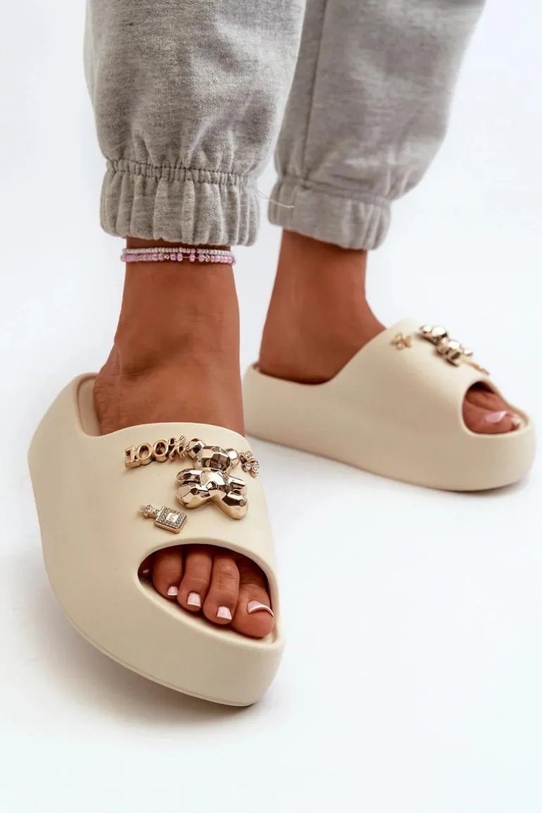 Klapki Damskie Lekkie Piankowe Z Ozdobami Beżowe Orchia