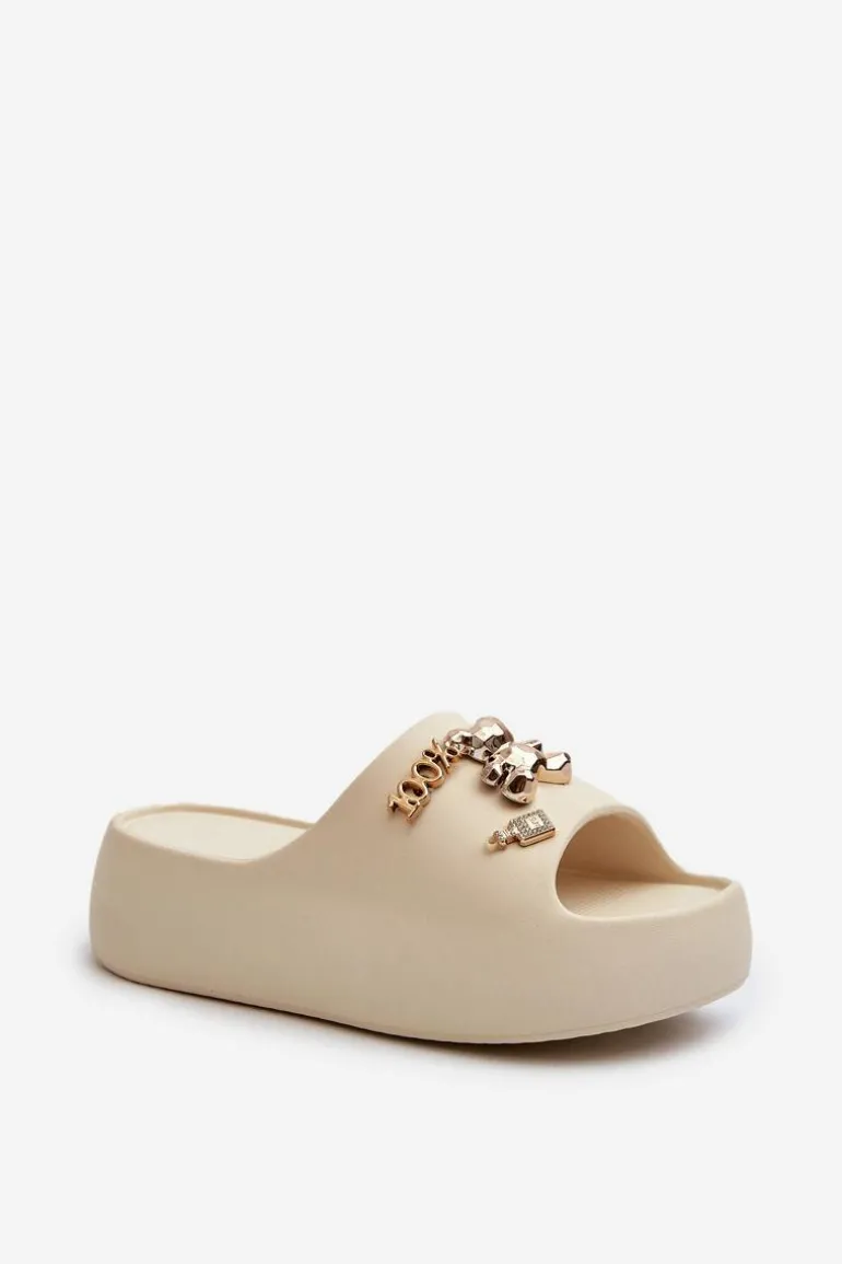 Klapki Damskie Lekkie Piankowe Z Ozdobami Beżowe Orchia