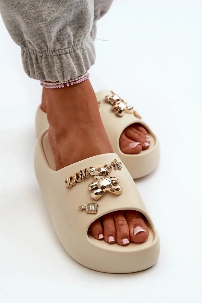 Klapki Damskie Lekkie Piankowe Z Ozdobami Beżowe Orchia