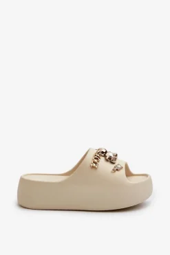 Klapki Damskie Lekkie Piankowe Z Ozdobami Beżowe Orchia