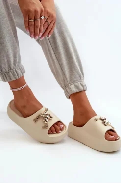 Klapki Damskie Lekkie Piankowe Z Ozdobami Beżowe Orchia