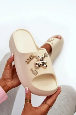 Klapki Damskie Lekkie Piankowe Z Ozdobami Beżowe Orchia