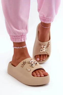 Klapki Damskie Lekkie Piankowe Z Ozdobami Ciemnobeżowe Orchia