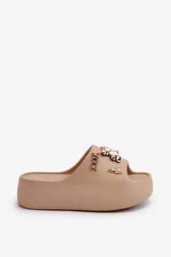 Klapki Damskie Lekkie Piankowe Z Ozdobami Ciemnobeżowe Orchia