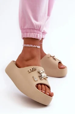 Klapki Damskie Lekkie Piankowe Z Ozdobami Ciemnobeżowe Orchia