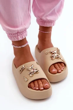 Klapki Damskie Lekkie Piankowe Z Ozdobami Ciemnobeżowe Orchia