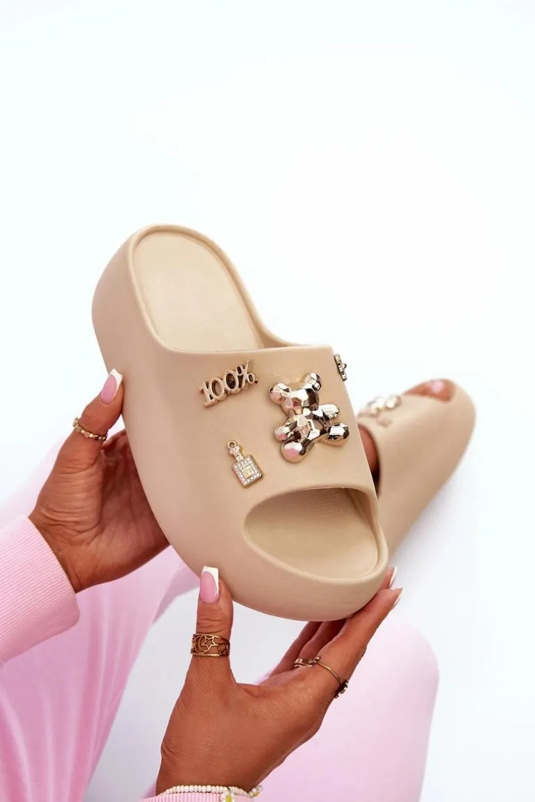 Klapki Damskie Lekkie Piankowe Z Ozdobami Ciemnobeżowe Orchia