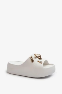Klapki Damskie Lekkie Piankowe Z Ozdobami Białe Orchia