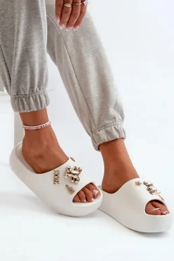 Klapki Damskie Lekkie Piankowe Z Ozdobami Białe Orchia