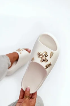 Klapki Damskie Lekkie Piankowe Z Ozdobami Białe Orchia