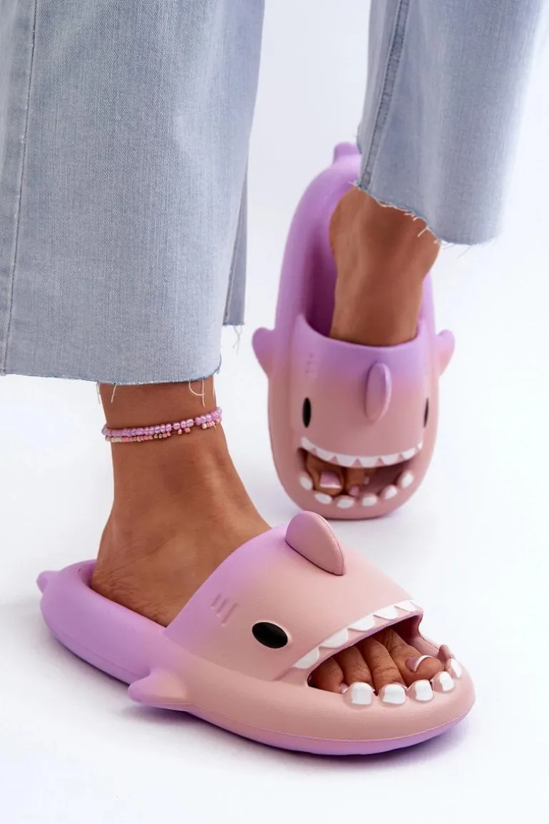 Klapki Damskie Lekkie Piankowe Z Motywem Rekina Fioletowo-Różowe Kasila