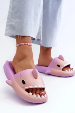 Klapki Damskie Lekkie Piankowe Z Motywem Rekina Fioletowo-Różowe Kasila