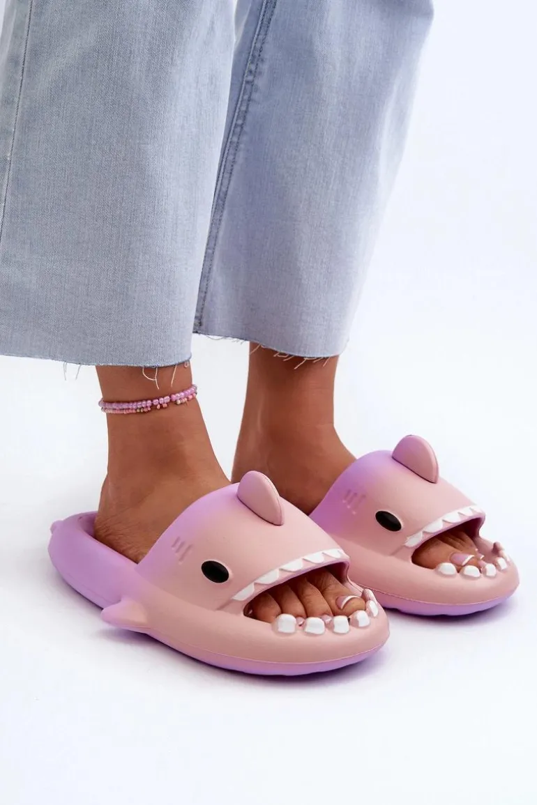 Klapki Damskie Lekkie Piankowe Z Motywem Rekina Fioletowo-Różowe Kasila