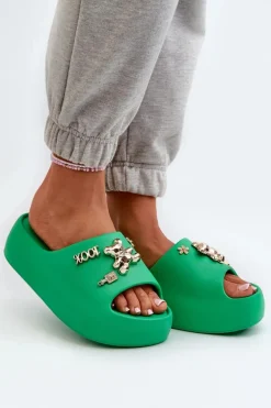 Klapki Damskie Lekkie Piankowe Z Ozdobami Zielone Orchia