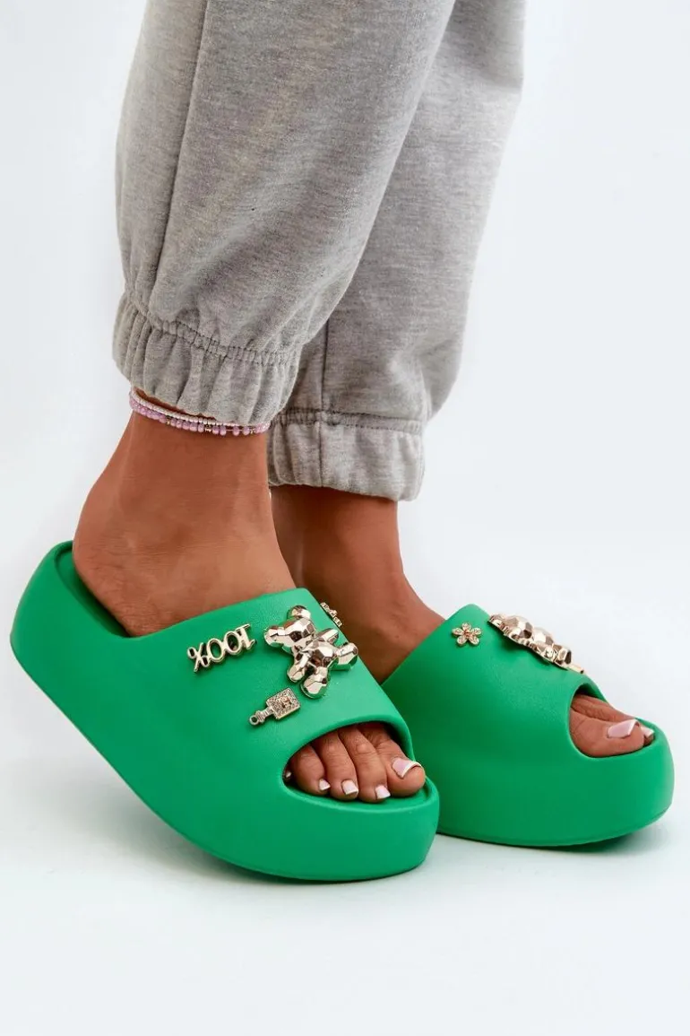 Klapki Damskie Lekkie Piankowe Z Ozdobami Zielone Orchia