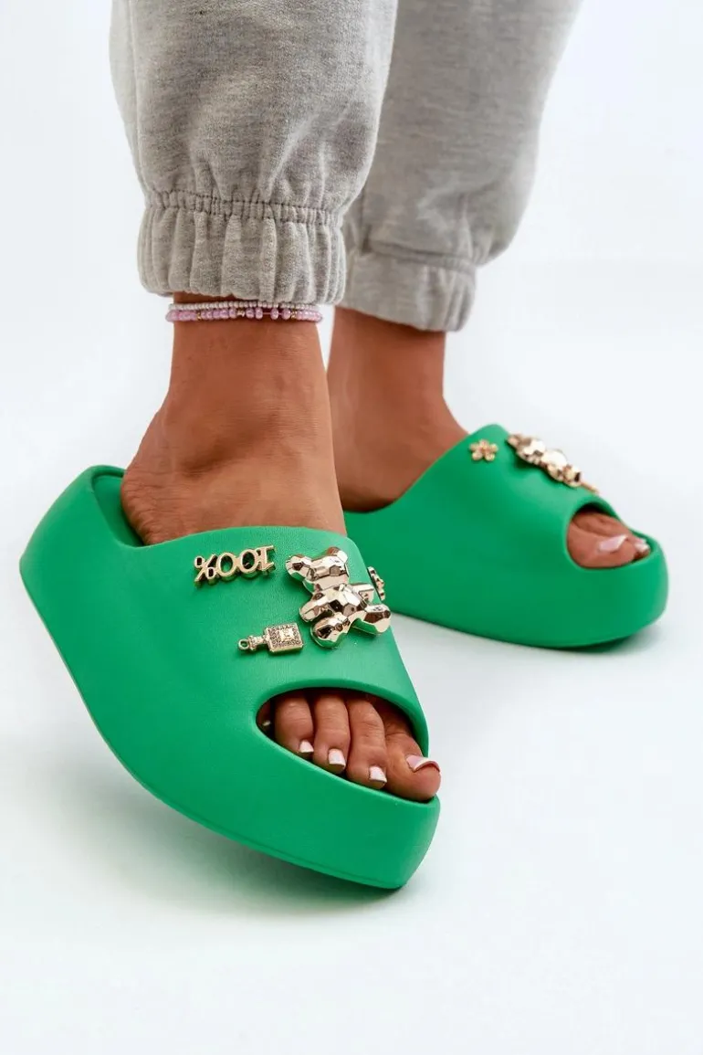 Klapki Damskie Lekkie Piankowe Z Ozdobami Zielone Orchia