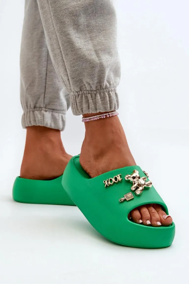 Klapki Damskie Lekkie Piankowe Z Ozdobami Zielone Orchia