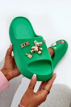 Klapki Damskie Lekkie Piankowe Z Ozdobami Zielone Orchia