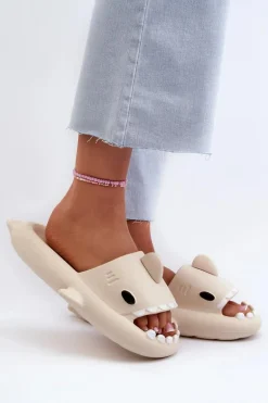 Klapki Damskie Lekkie Piankowe Z Motywem Rekina Beżowe Kasila