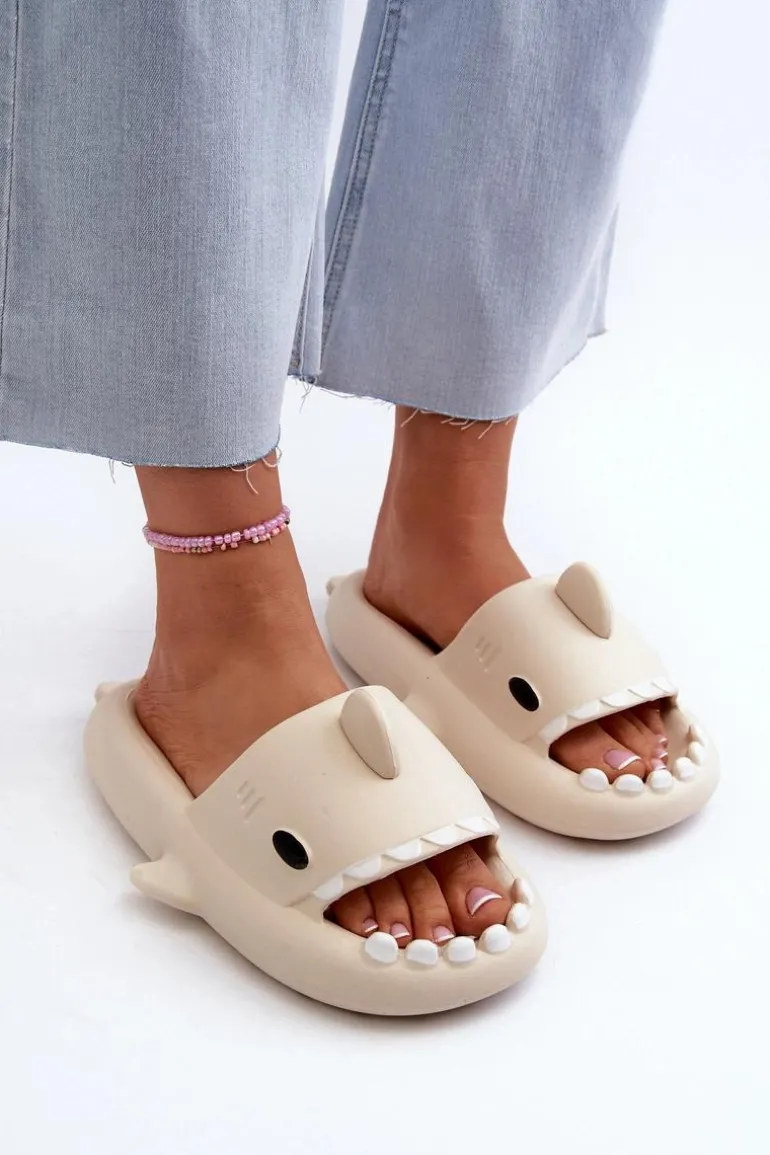 Klapki Damskie Lekkie Piankowe Z Motywem Rekina Beżowe Kasila