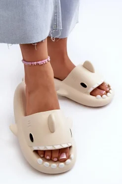 Klapki Damskie Lekkie Piankowe Z Motywem Rekina Beżowe Kasila