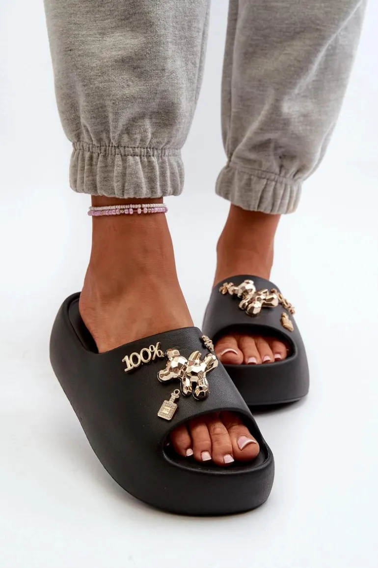 Klapki Damskie Lekkie Piankowe Z Ozdobami Czarne Orchia